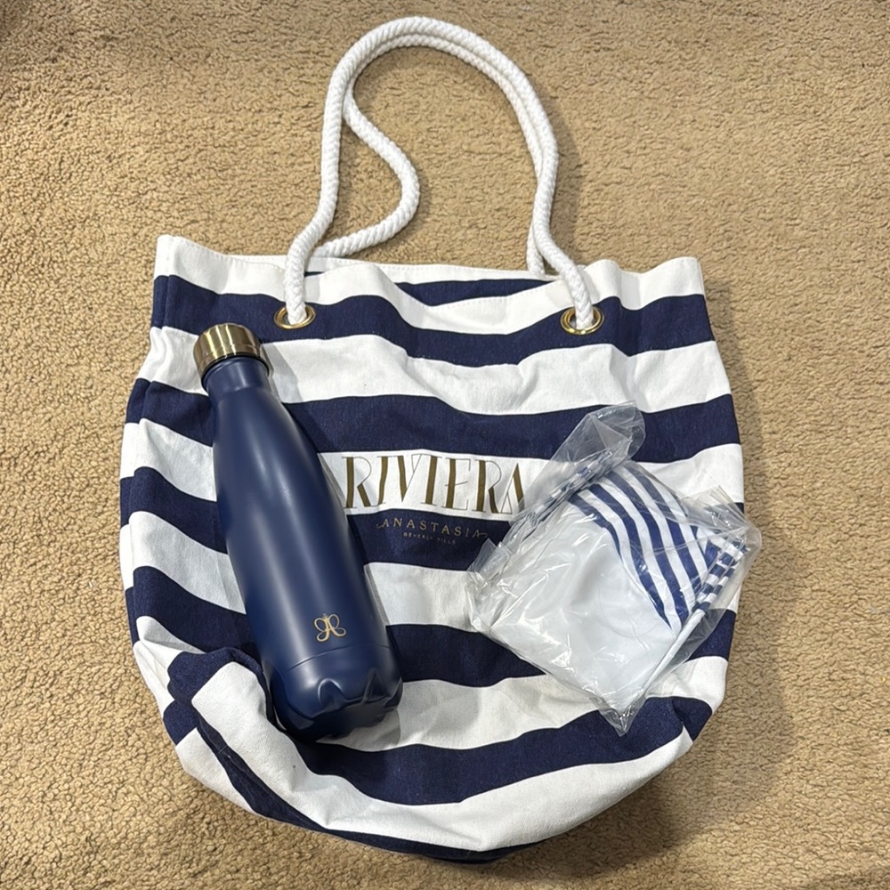 Anastasia Beverly Hills Striped Tote with Bottle and Beach Ball